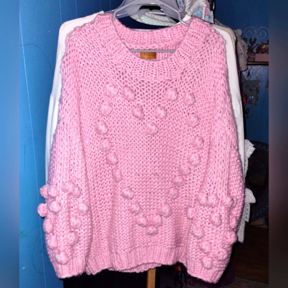 POL Pink Pom Heart Oversized Crochet Sweater NWOT - Picture 3 of 4